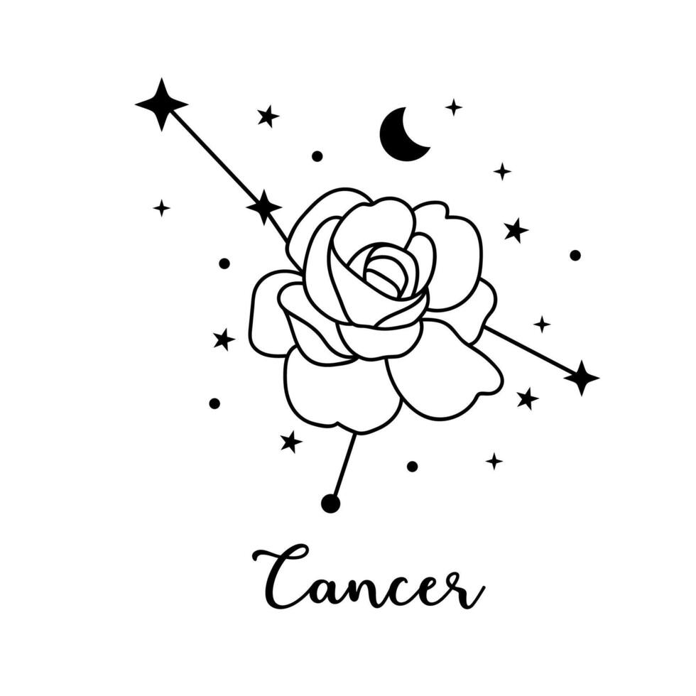 Cancer zodiac sign with moon, flower and stars. Celestial constellation vector