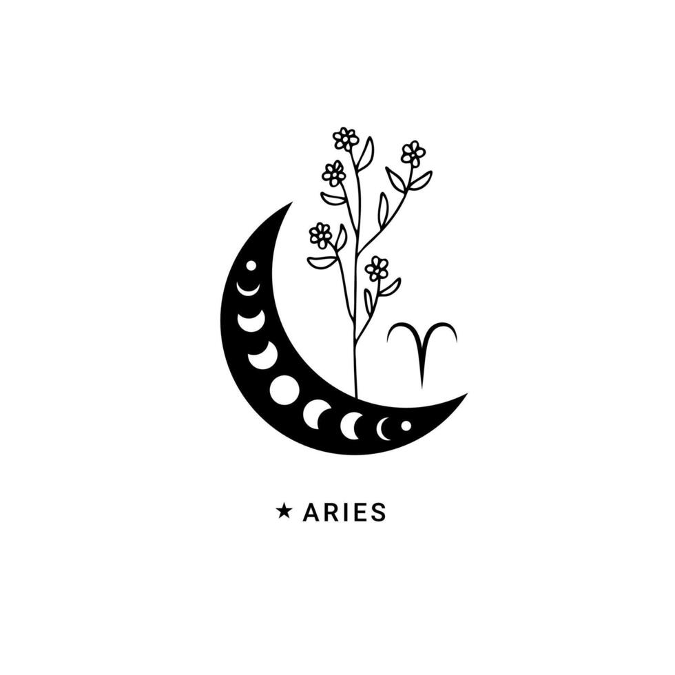 Aries zodiac sign with moon phase and flower vector