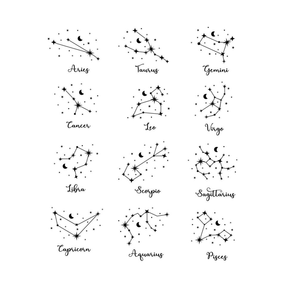 12 zodiac constellations set with moon and stars on white background vector