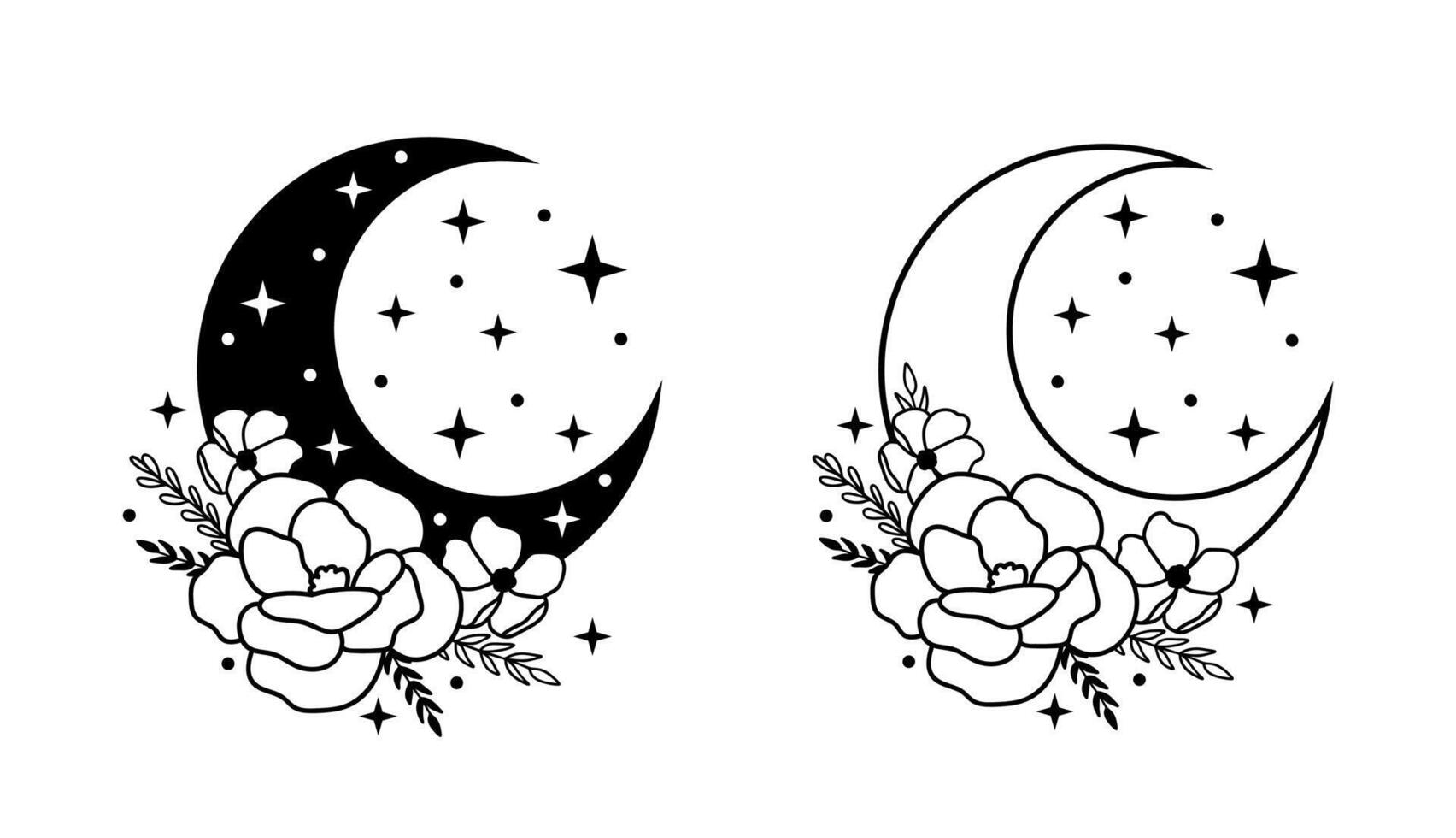creciente Luna con flores y estrellas vector