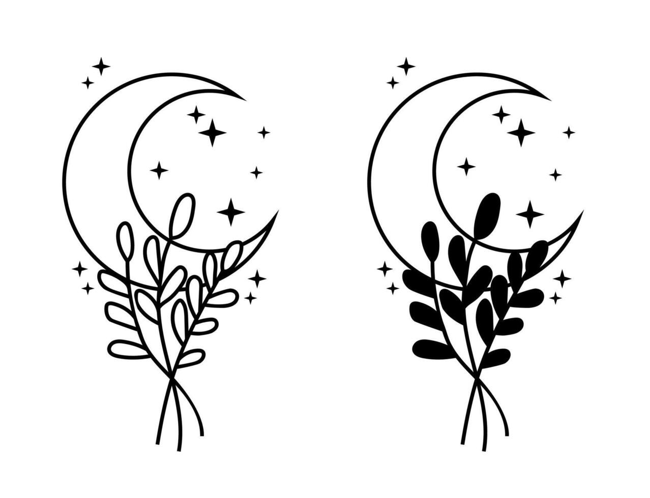Celestial outline crescent moon with flowers and stars vector