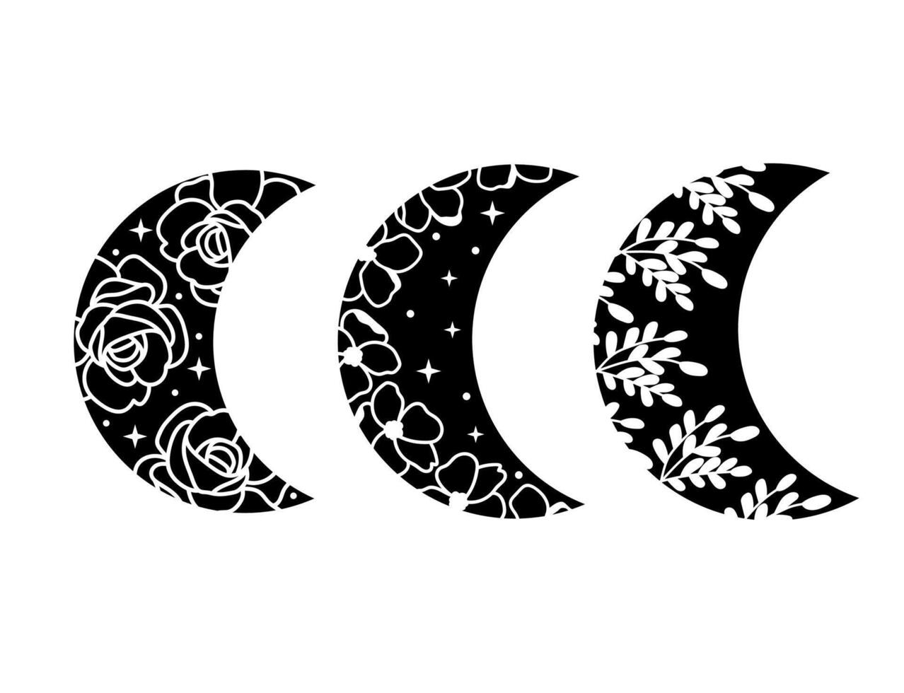 Celestial outline crescent moon with flowers and stars vector