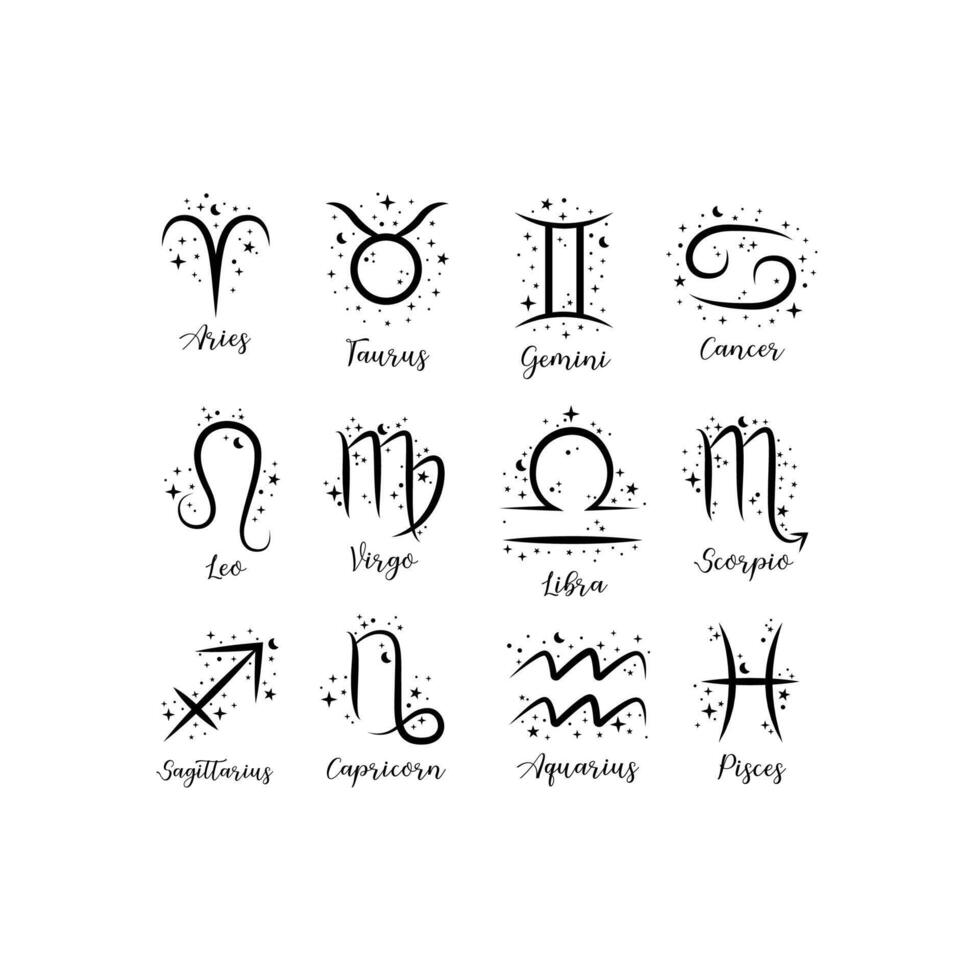 12 zodiac signs with moon, flower and stars. Celestial constellations vector