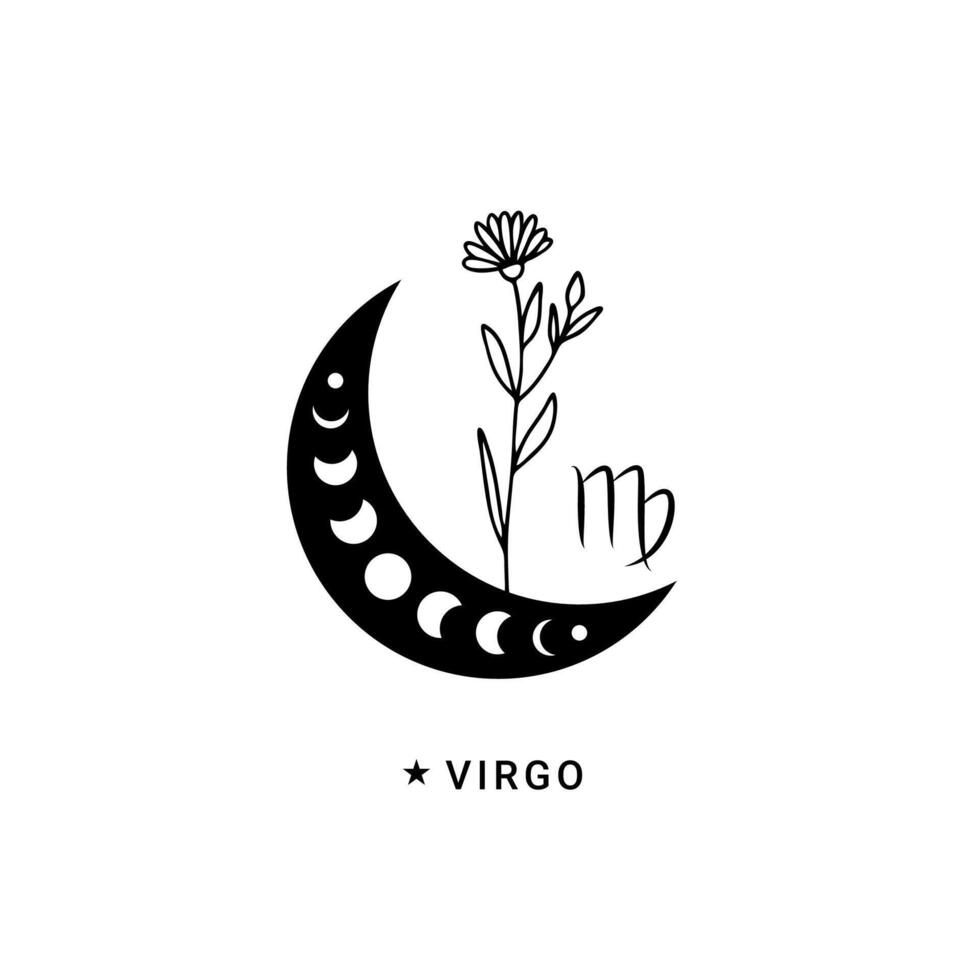 Virgo zodíaco firmar con Luna fase y flor vector