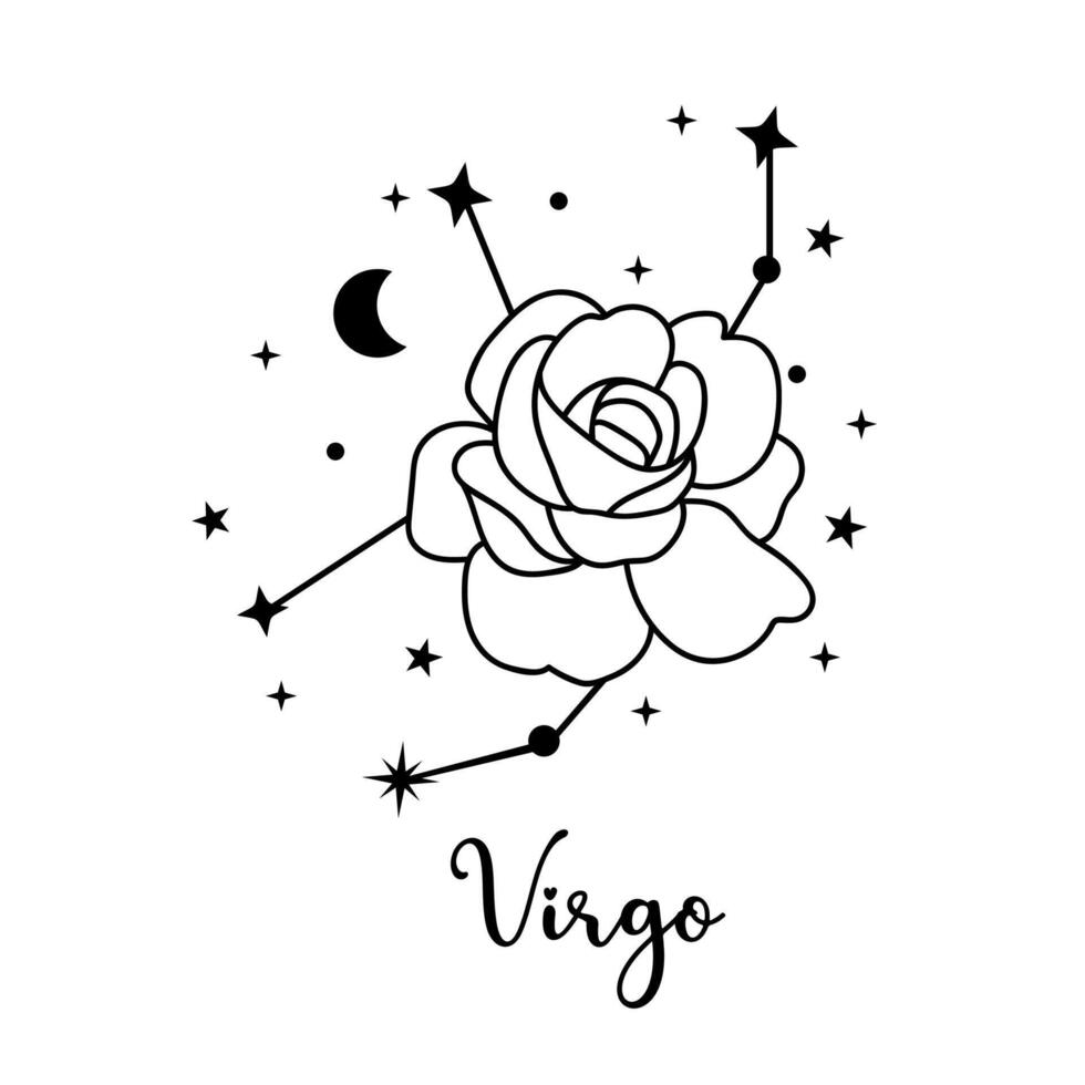 Virgo zodiac sign with moon, flower and stars. Celestial constellation vector