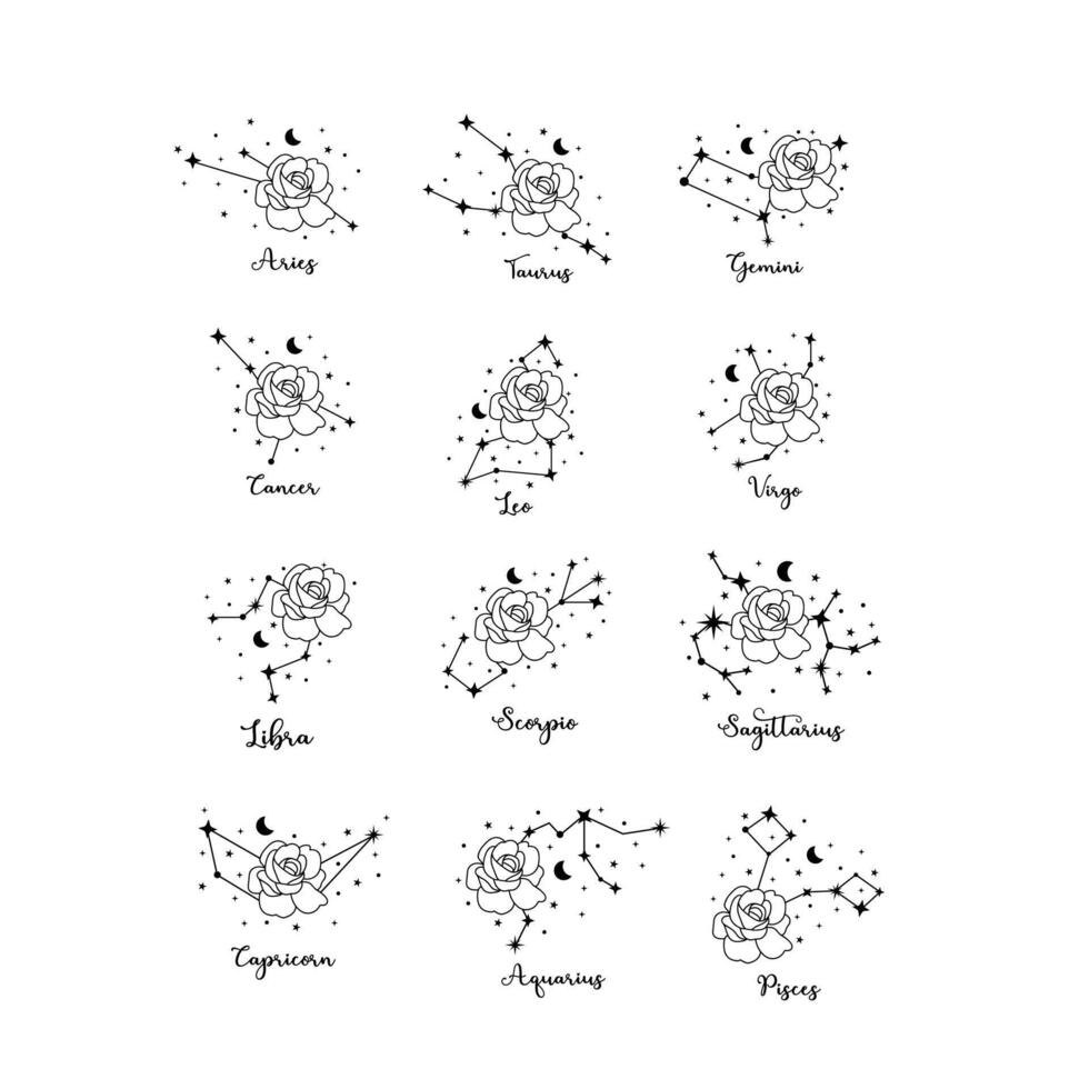 12 zodiac signs with moon, flower and stars. Celestial constellations vector