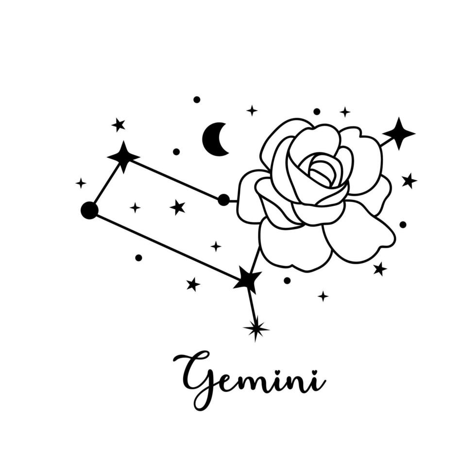 Gemini zodiac sign with moon, flower and stars. Celestial constellation vector