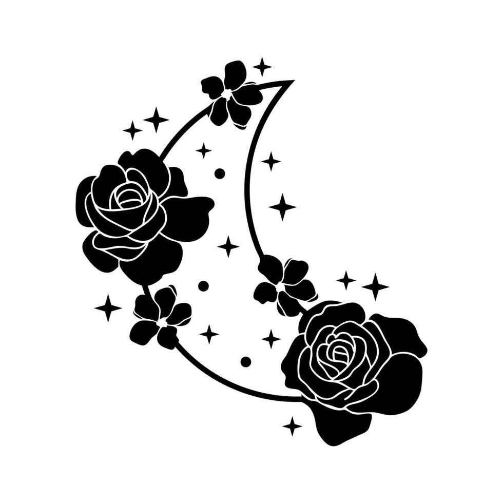 Celestial outline crescent moon with flowers and stars vector