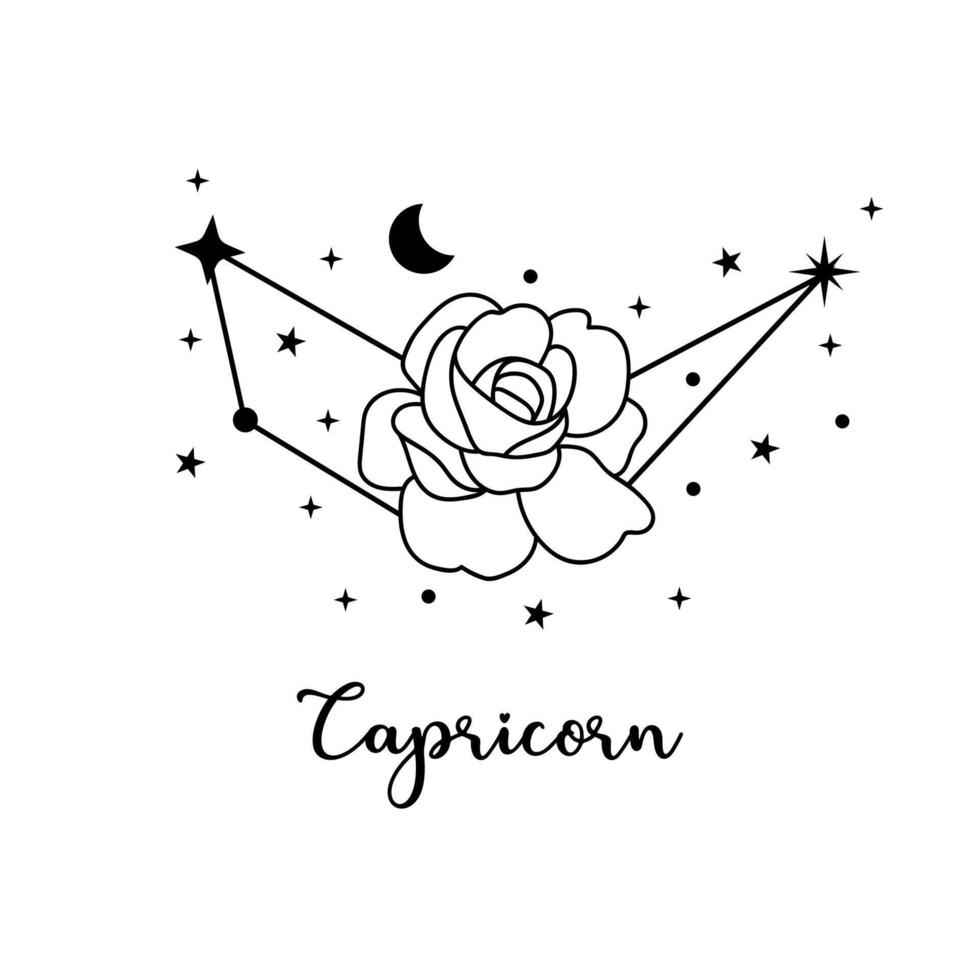 Capricorn zodiac sign with moon, flower and stars. Celestial constellation vector