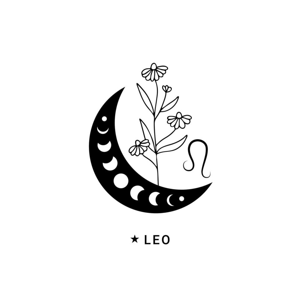 Leo zodiac sign with moon phase and flower vector