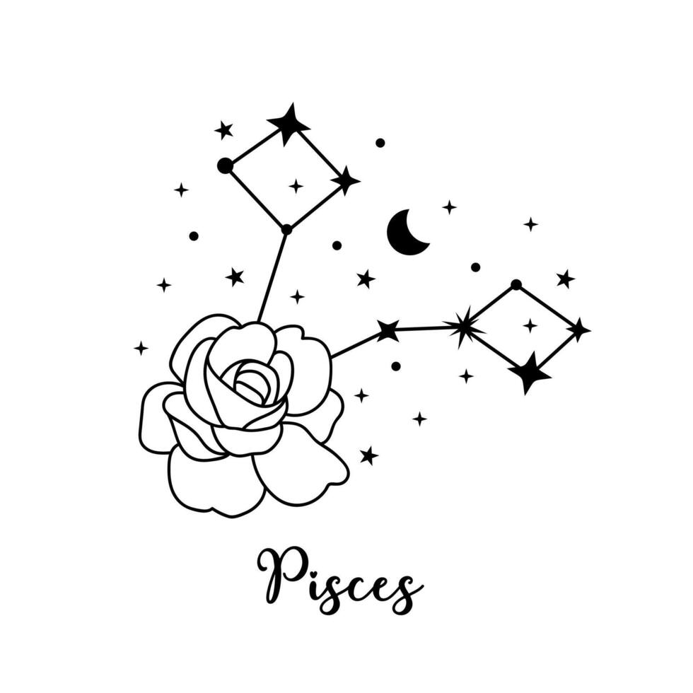 Pisces zodiac sign with moon, flower and stars. Celestial constellation vector