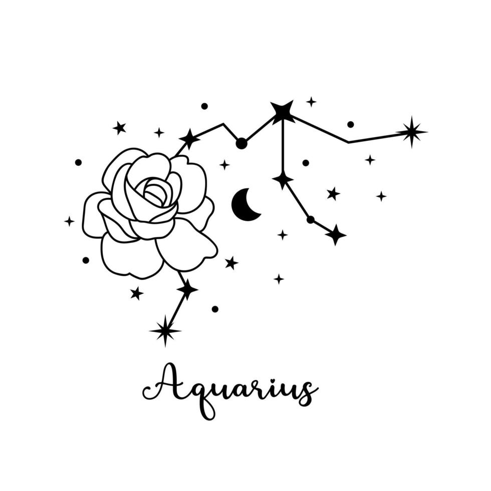 Aquarius zodiac sign with moon, flower and stars. Celestial constellation vector