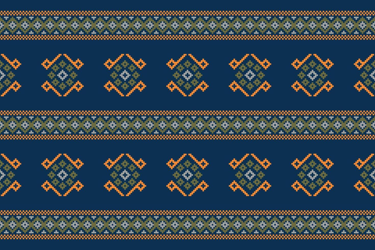 Traditional ethnic motifs ikat geometric fabric pattern cross stitch.Ikat embroidery Ethnic oriental Pixel navy blue background. Abstract,,illustration. Texture,scarf,decoration,wallpaper. vector