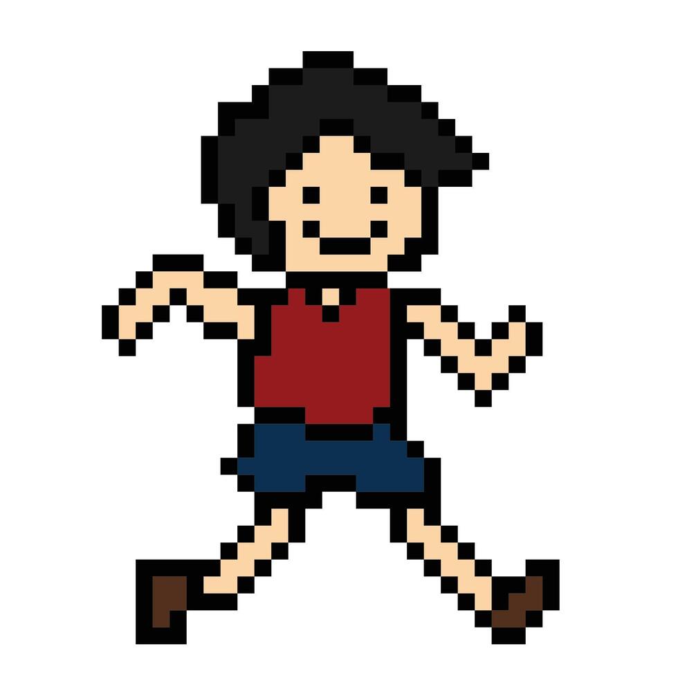 Cute pixel cartoon 8bit character man run or running lifestyle for decoration life style 8 bit male boy marathon exercise fitness . vector
