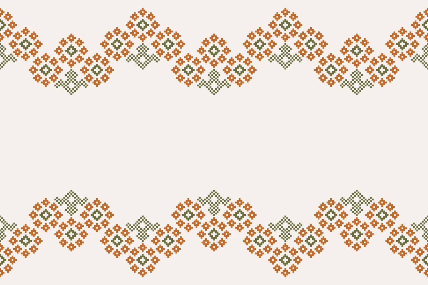 Traditional ethnic motifs ikat geometric fabric pattern cross stitch.Ikat embroidery Ethnic oriental Pixel brown cream background. Abstract,,illustration. Texture,scarf,decoration,wallpaper. vector