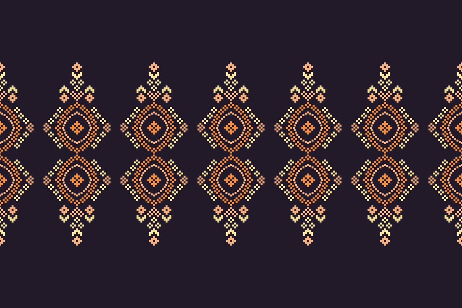 Traditional ethnic motifs ikat geometric fabric pattern cross stitch.Ikat embroidery Ethnic oriental Pixel navy blue background. Abstract,,illustration. Texture,scarf,decoration,wallpaper. vector