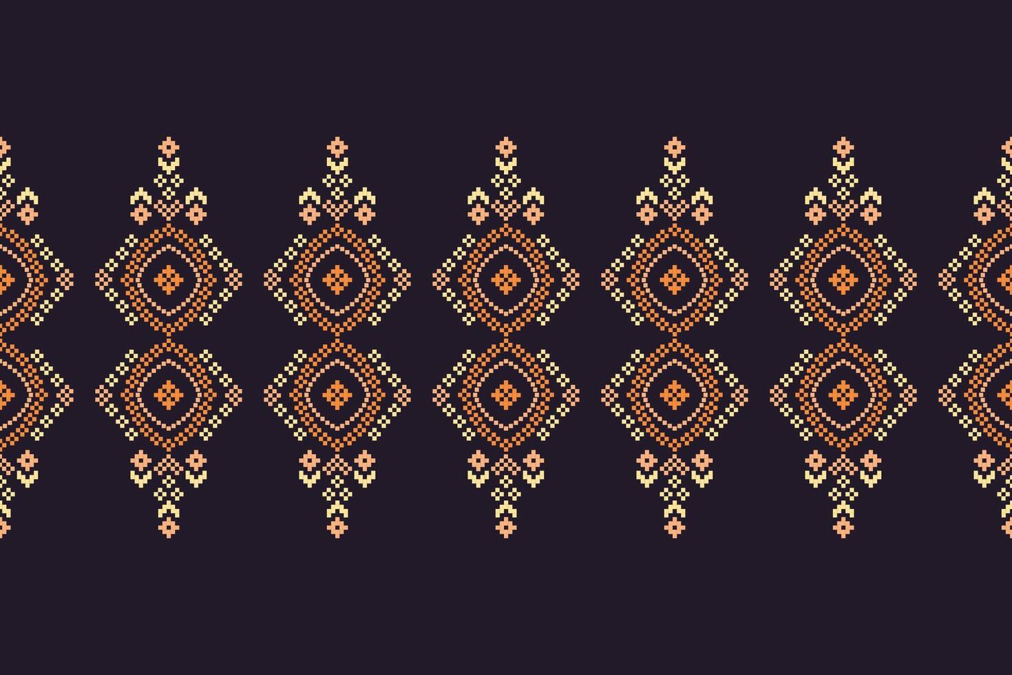 Traditional ethnic motifs ikat geometric fabric pattern cross stitch.Ikat embroidery Ethnic oriental Pixel navy blue background. Abstract,,illustration. Texture,scarf,decoration,wallpaper. vector