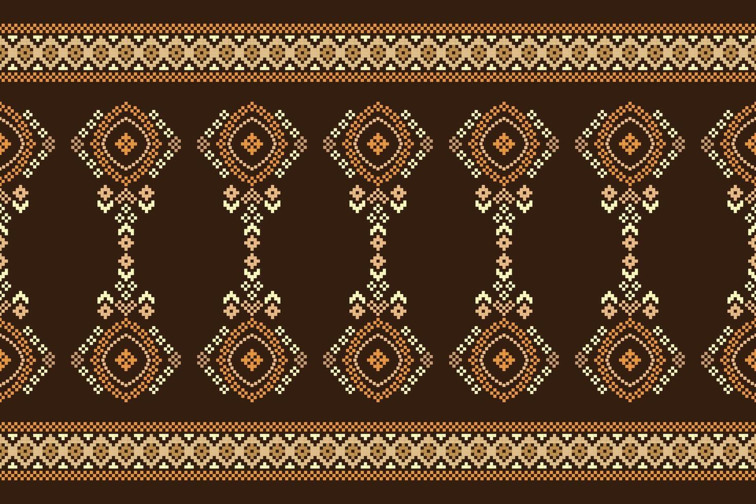 Traditional ethnic motifs ikat geometric fabric pattern cross stitch.Ikat embroidery Ethnic oriental Pixel brown background. Abstract,,illustration. Texture,scarf,decoration,wallpaper. vector