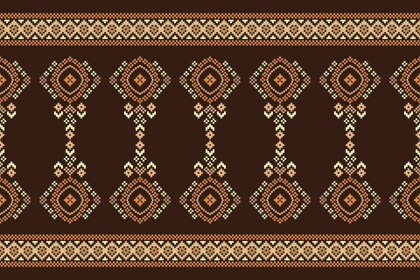 Traditional ethnic motifs ikat geometric fabric pattern cross stitch.Ikat embroidery Ethnic oriental Pixel brown background. Abstract,,illustration. Texture,scarf,decoration,wallpaper. vector