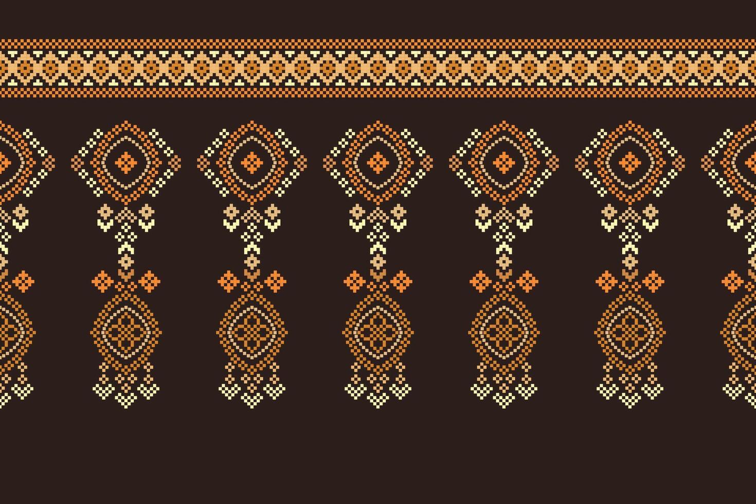 Traditional ethnic motifs ikat geometric fabric pattern cross stitch.Ikat embroidery Ethnic oriental Pixel brown background. Abstract,,illustration. Texture,scarf,decoration,wallpaper. vector