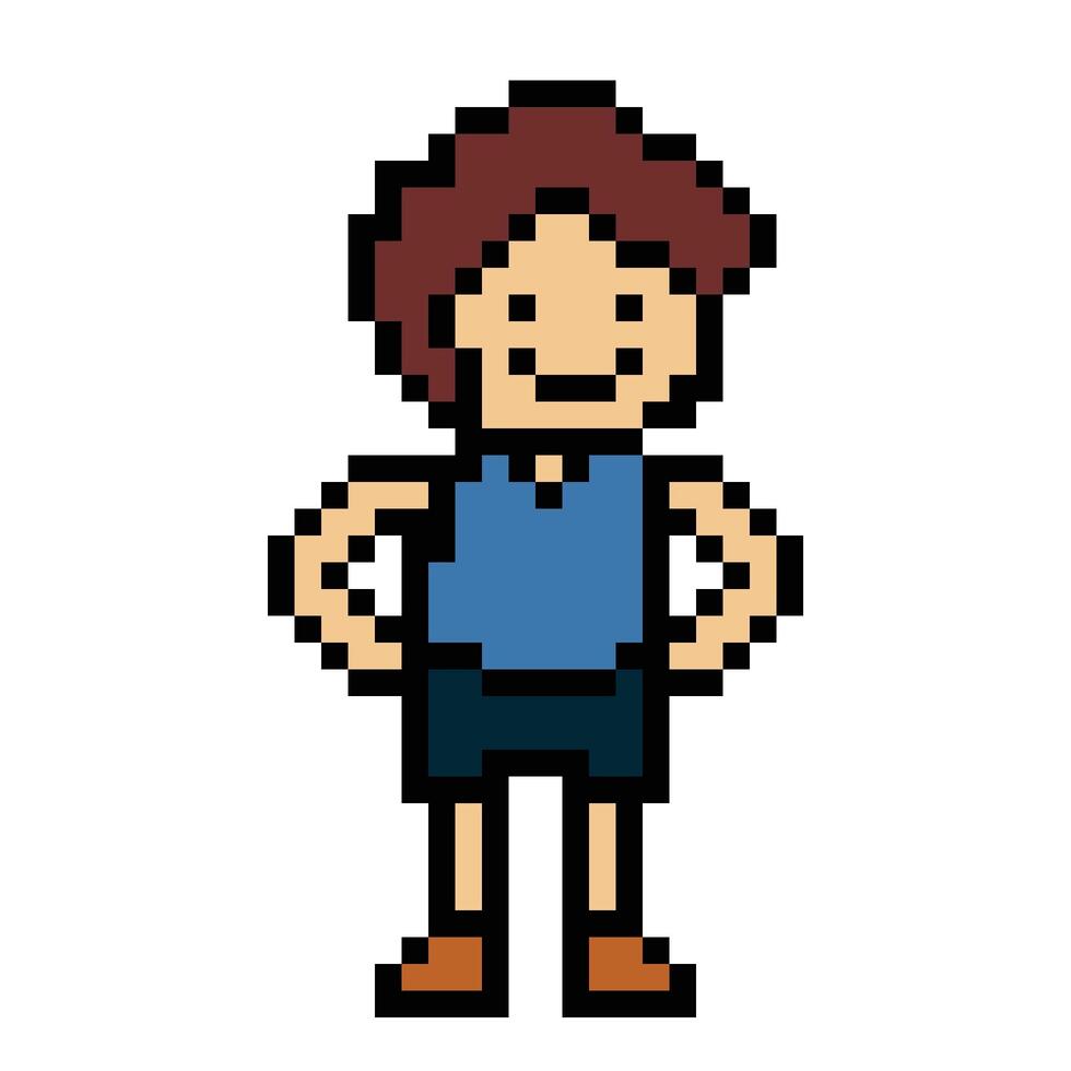 Cute pixel cartoon 8bit character man exercises training alone lifestyle for decoration life style 8 bit male boy exercise gym fitness warm up game fitness . vector