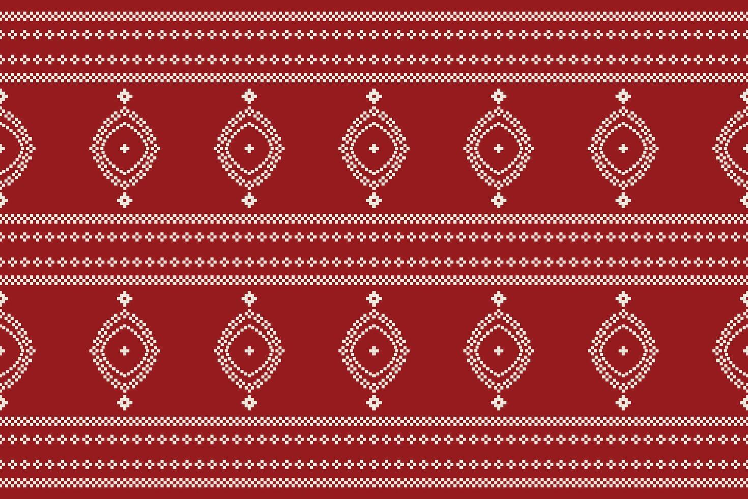 Traditional ethnic motifs ikat geometric fabric pattern cross stitch.Ikat embroidery Ethnic oriental Pixel red background. Abstract,,illustration. Texture,christmas,decoration,wallpaper. vector