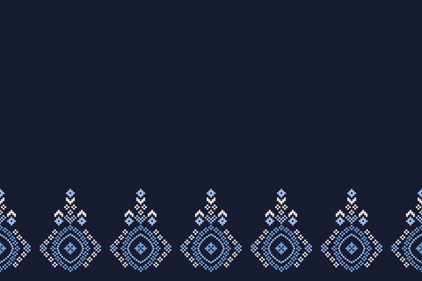 Traditional ethnic motifs ikat geometric fabric pattern cross stitch.Ikat embroidery Ethnic oriental Pixel navy blue background. Abstract,,illustration. Texture,scarf,decoration,wallpaper. vector