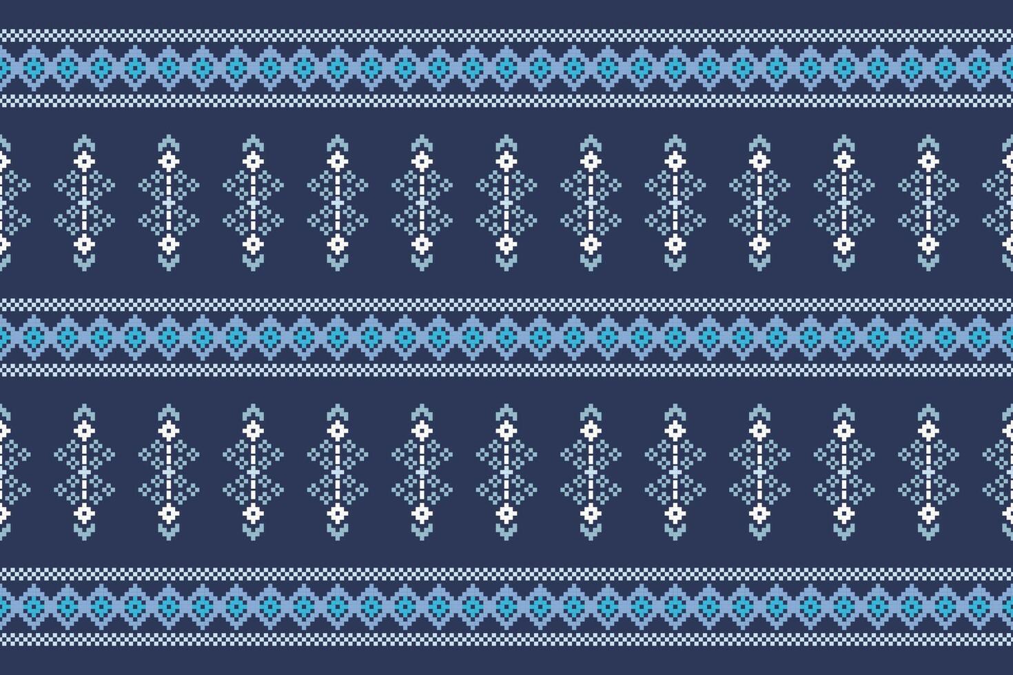 Traditional ethnic motifs ikat geometric fabric pattern cross stitch.Ikat embroidery Ethnic oriental Pixel navy blue background. Abstract,,illustration. Texture,scarf,decoration,wallpaper. vector