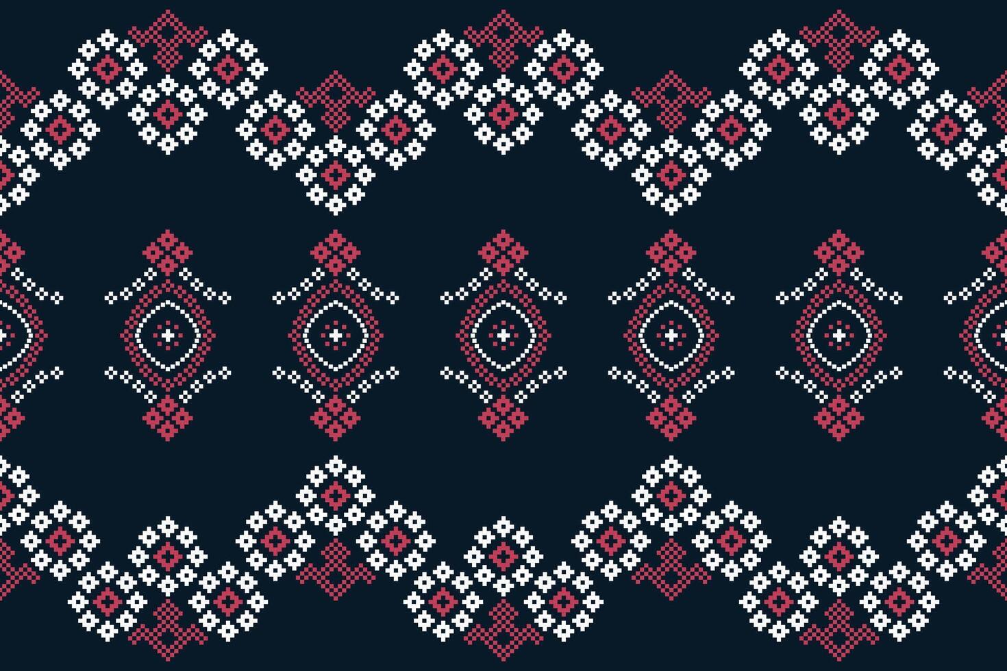 Traditional ethnic motifs ikat geometric fabric pattern cross stitch.Ikat embroidery Ethnic oriental Pixel navy blue background. Abstract,,illustration. Texture,scarf,decoration,wallpaper. vector