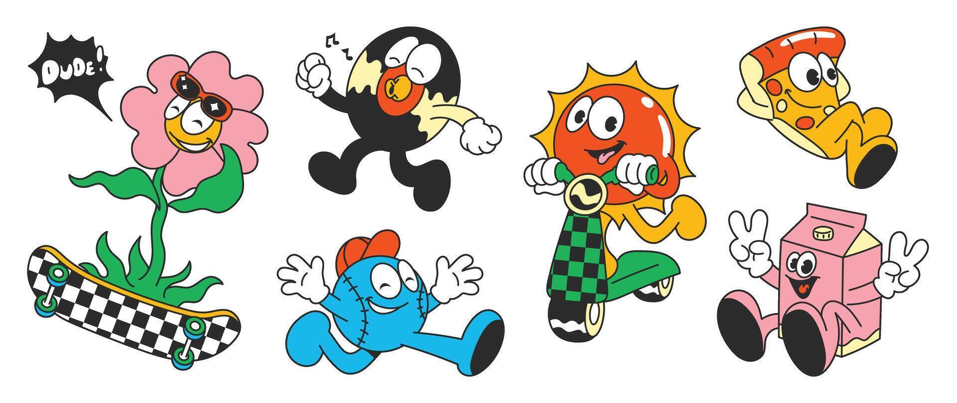 Set of 70s groovy element . Collection of cartoon characters, doodle smiley face, flower, baseball, sun, pizza, milk, platter. Cute retro groovy hippie design for decorative, sticker, kids. vector