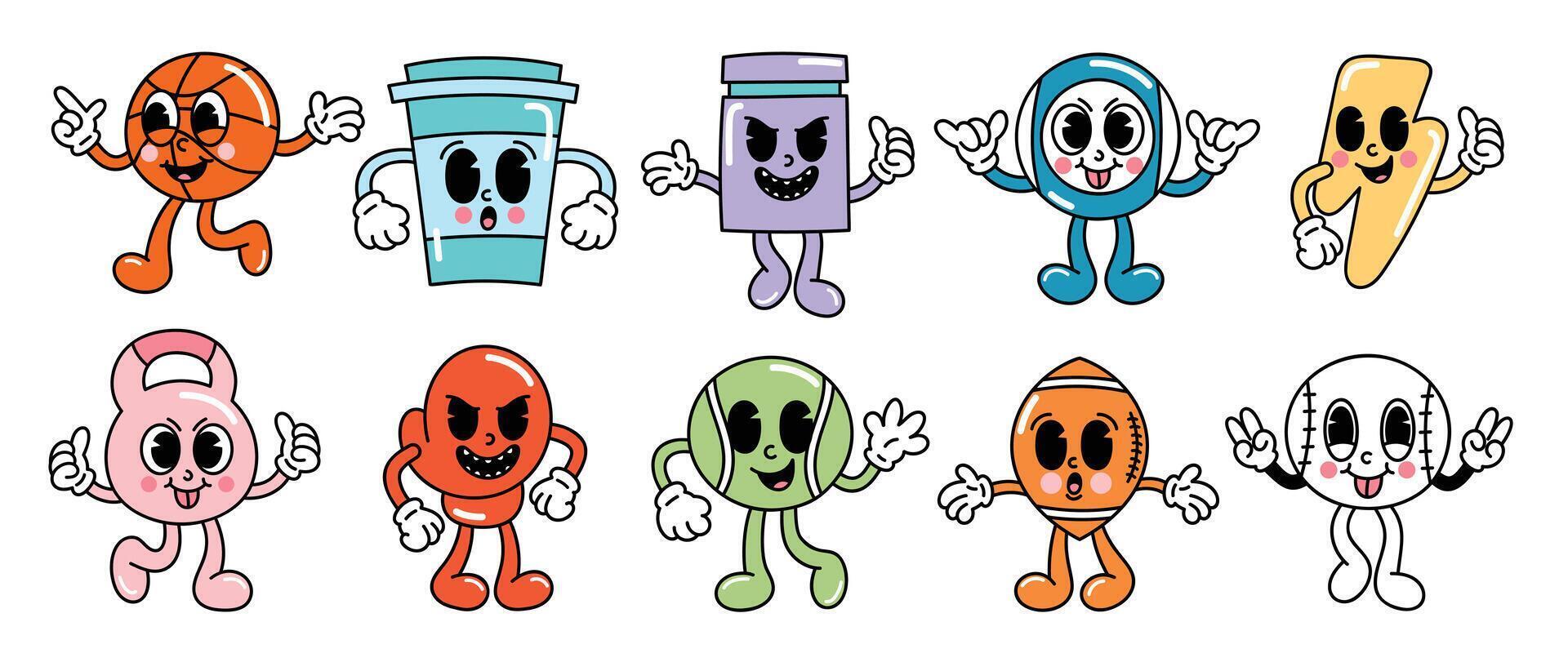 Set of 70s groovy element . Collection of cartoon characters, doodle smile face, basketball, cup, bottle, thunderbolt, mitten. Cute retro groovy hippie design for decorative, sticker, kids. vector