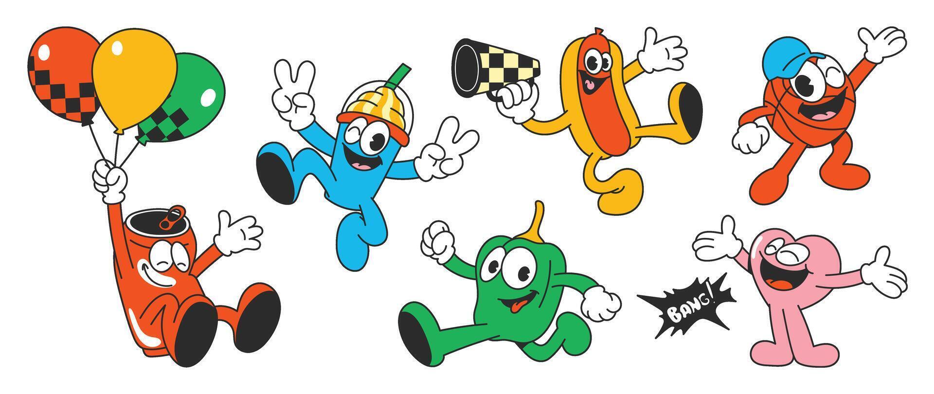 Set of 70s groovy element . Collection of cartoon characters, doodle smiley face, green pepper, can, heart, sausage, basketball. Cute retro groovy hippie design for decorative, sticker, kids. vector