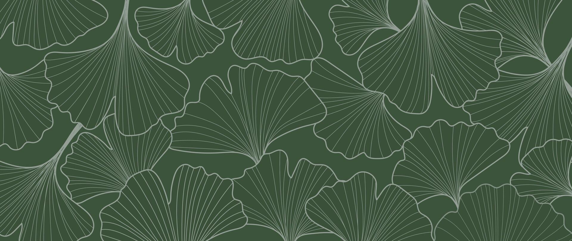 Abstract foliage line art background. Leaf wallpaper of tropical leaves, ginkgo leaf, plants in hand drawn pattern on green. Botanical jungle illustrated for banner, prints, decoration, fabric. vector