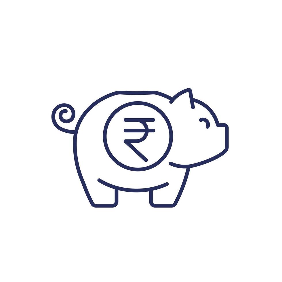 moneybox, piggy bank line icon with indian rupee vector