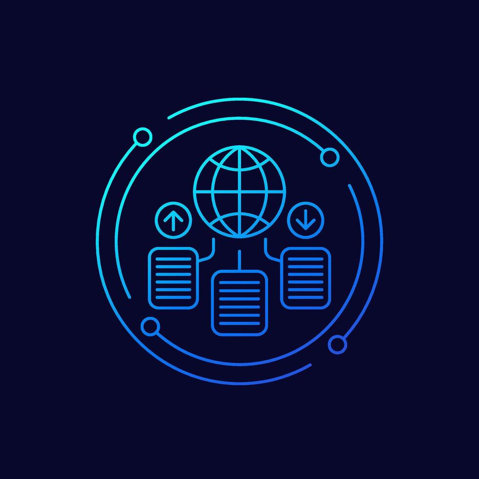 Global data exchange icon with documents, linear design vector