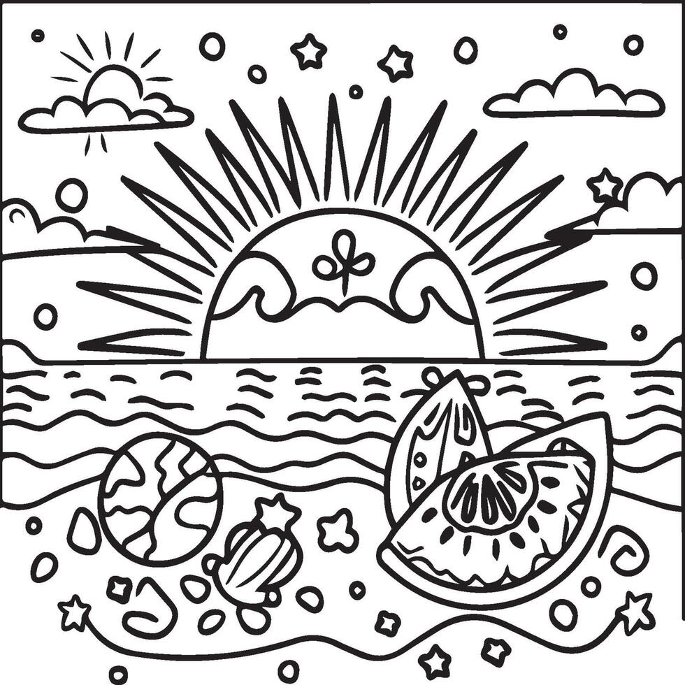Summer coloring pages. Summer beach suitable for children's coloring page vector