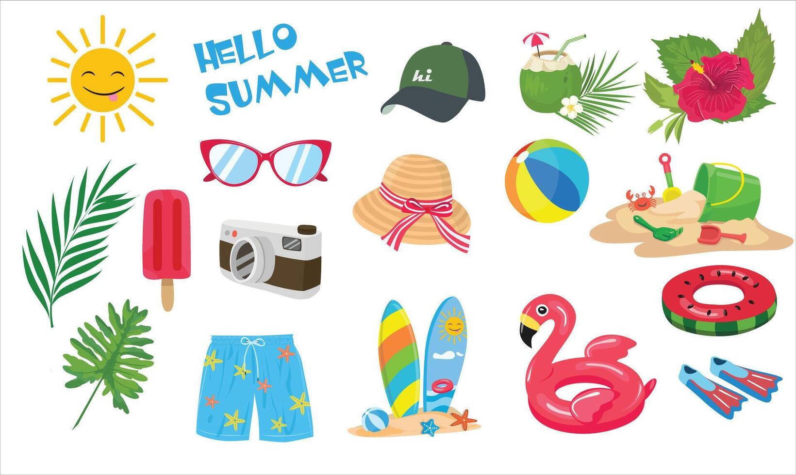 verano colocar. verano elemento recopilación. verano fiesta playa. dibujos animados plano aislado en blanco antecedentes vector