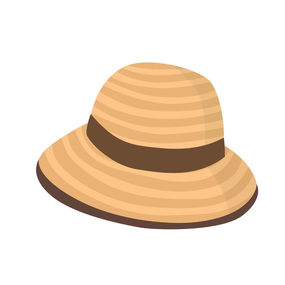 Straw hat with ribbon. Women summer hat illustration. Summer element. Cartoon flat isolated on white background. vector