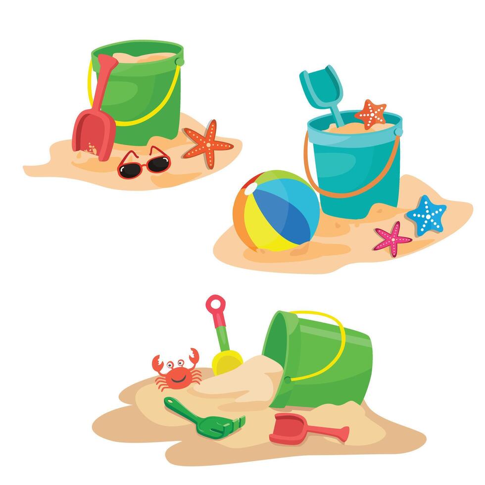 Cartoon sand bucket illustration with shovel and rake. Beach sand playing set. Summer element. Flat in cartoon style isolated on white background. vector