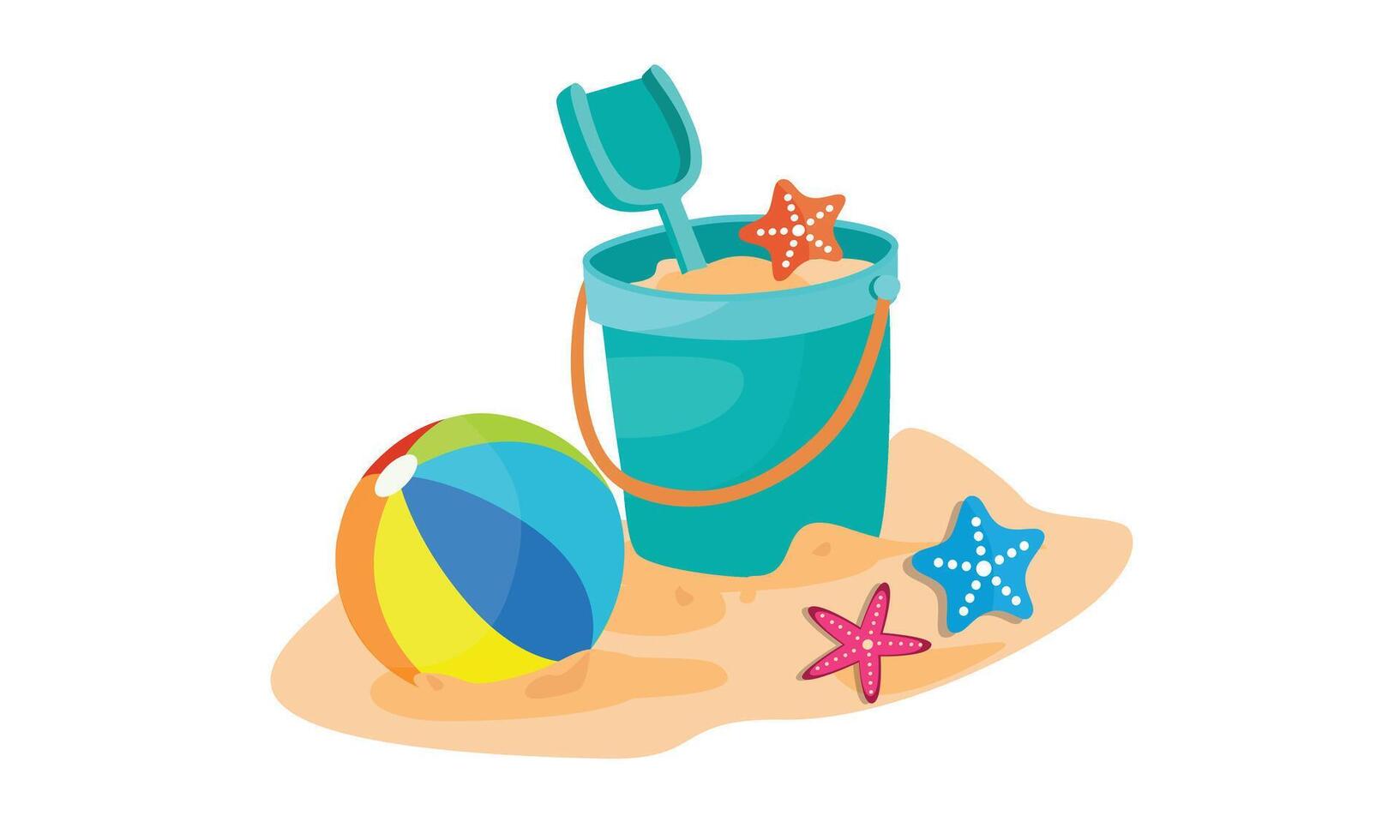 Cartoon sand bucket illustration with shovel and rake. Beach sand playing set. Summer element. Flat in cartoon style isolated on white background. vector