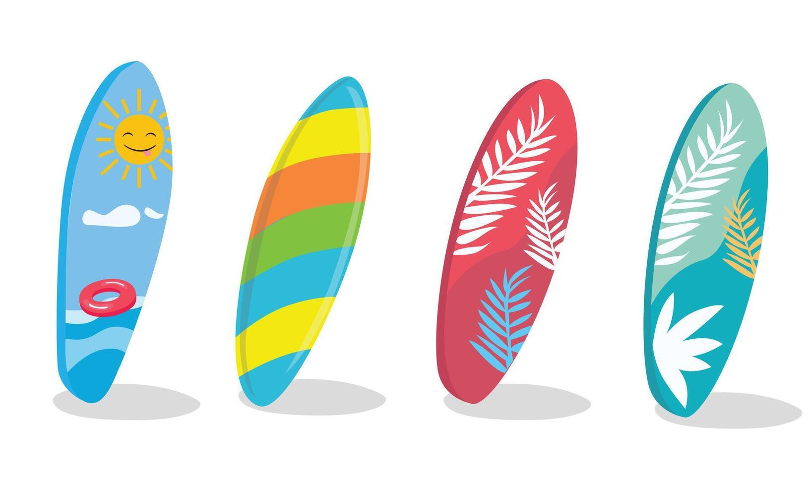 Surfboard set in tropical design. Surfing board or surfboard clip art. Hello summer concept. Summer element. Cartoon flat isolated on white background. vector