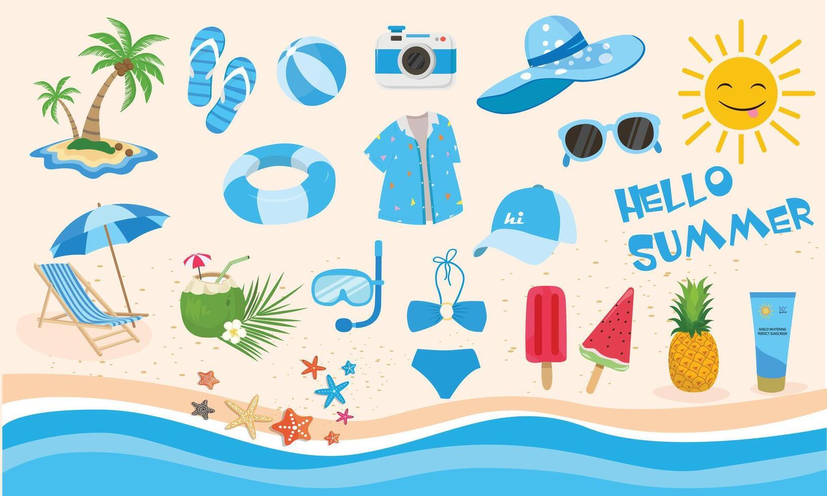 Summer set. Summer element collection. Summer holiday beach. Cartoon flat isolated on white background vector