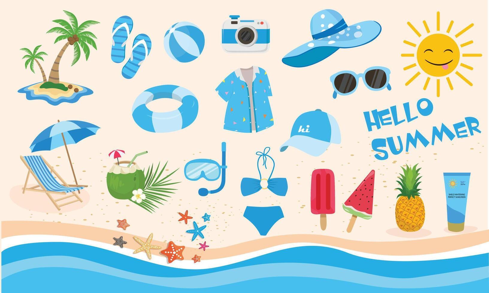 Summer set. Summer element collection. Summer holiday beach. Cartoon flat isolated on white background vector