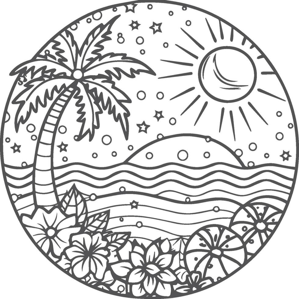 Summer coloring pages. Summer beach suitable for childrens coloring page vector