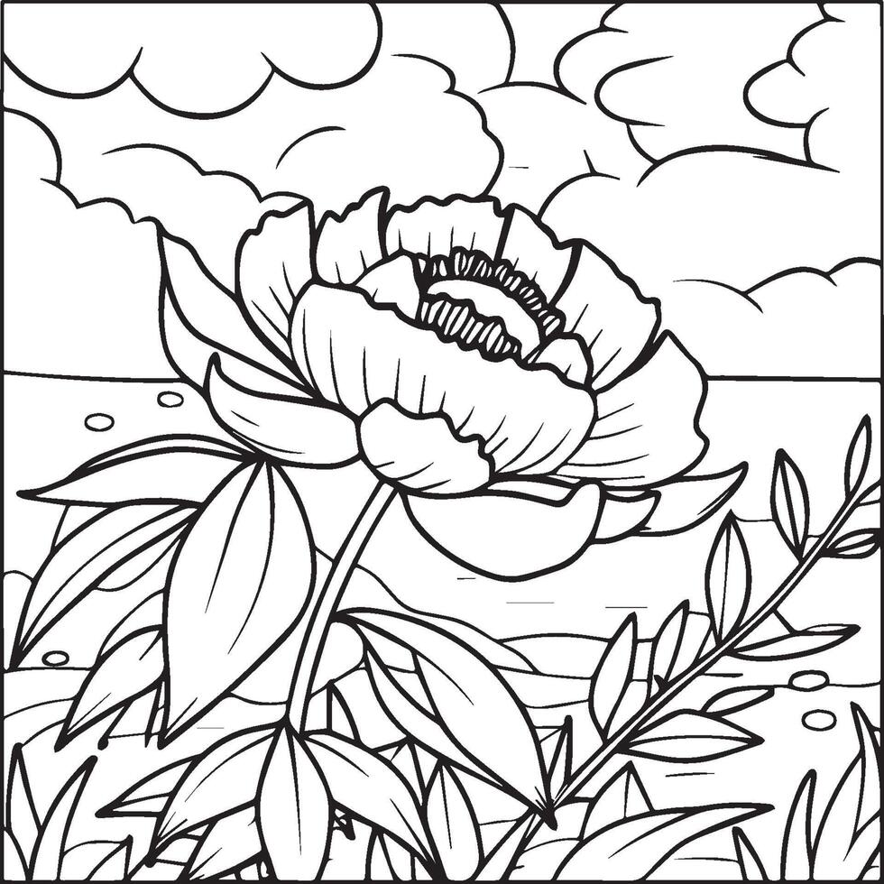 Peony coloring pages. Peony flower outline for coloring book vector