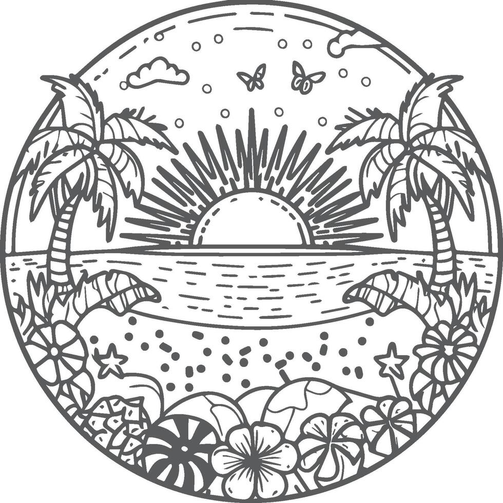 Summer coloring pages. Summer beach suitable for childrens coloring page vector