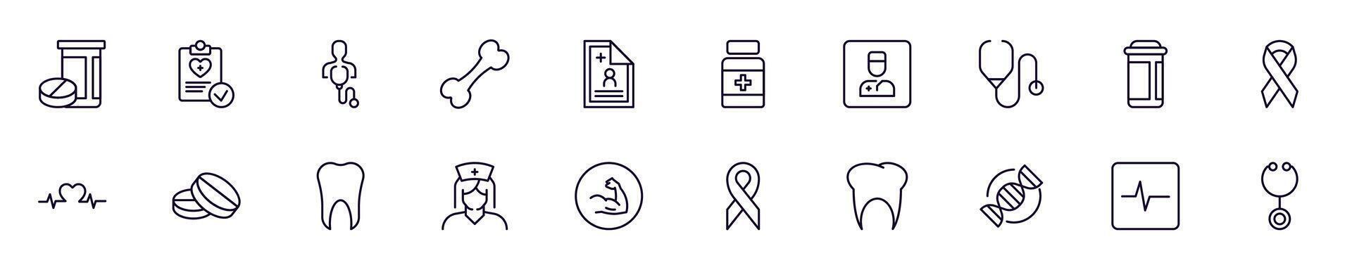 Medicine and healthcare outline icons bundle. Editable stroke. Simple linear illustration for web sites, newspapers, articles book vector