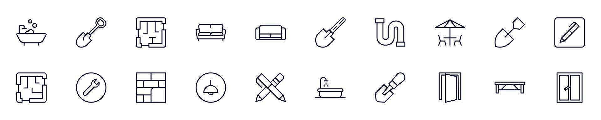 Set of symbols of house, repair, renovation. Editable stroke. Simple outline signs that perfect for banners, infographics, web sites vector