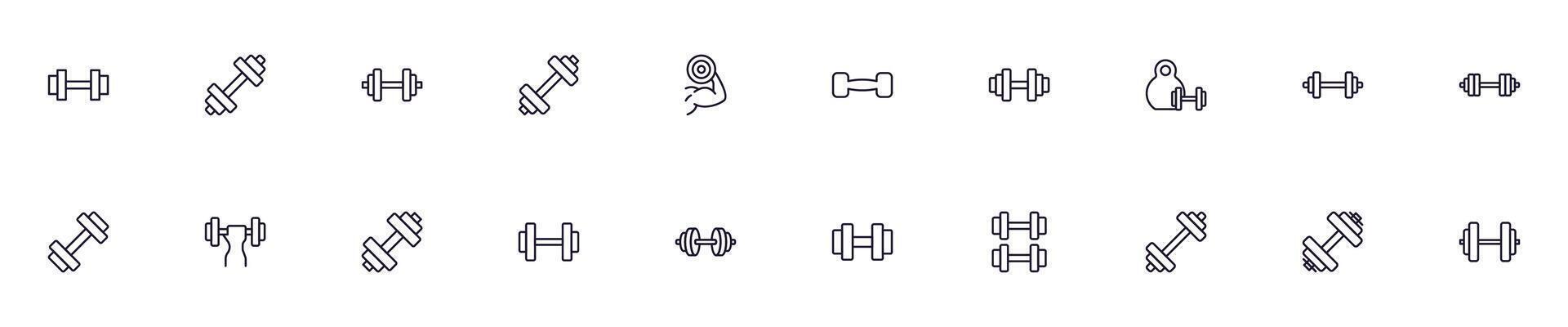 dumbell concepto. deporte línea icono colocar. colección de señales en de moda plano estilo para web sitios, Internet tiendas y historias, libros y volantes prima calidad íconos aislado en blanco antecedentes vector