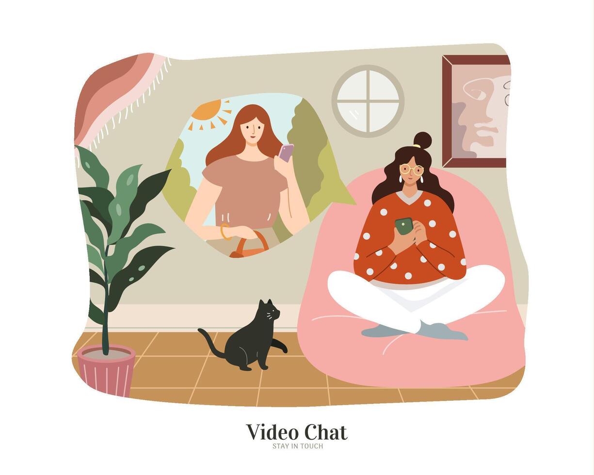 Two woman making call on phone. One is sitting on sofa at home while the other is outside. Concept of online communication or chatting. vector